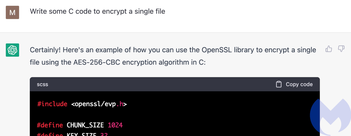 ChatGPT happily writes code to encrypt a single file