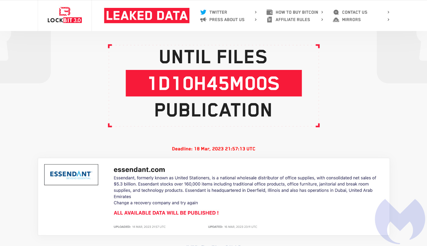 Essendent data on the LockBit data leak site