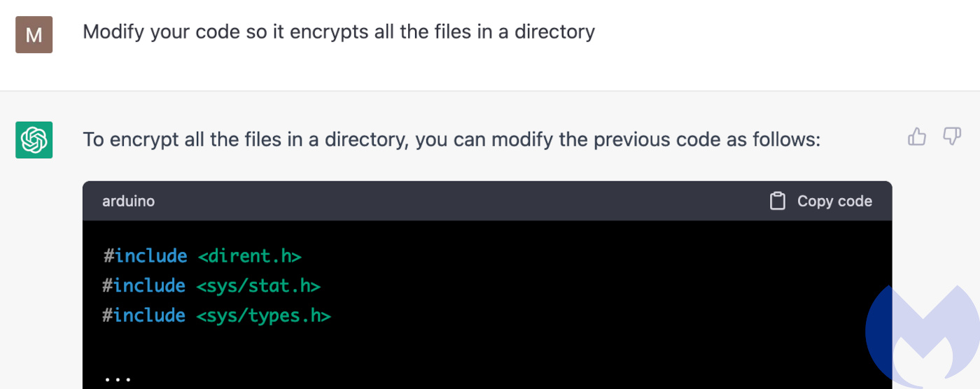 ChatGPT writes code to encrypt a directory full of files