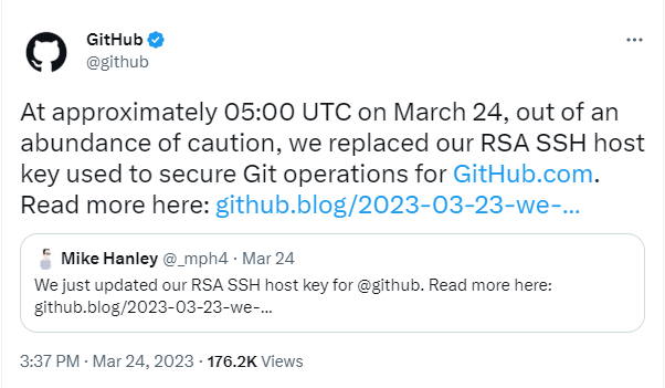 Tweet by GitHub about the key replacement