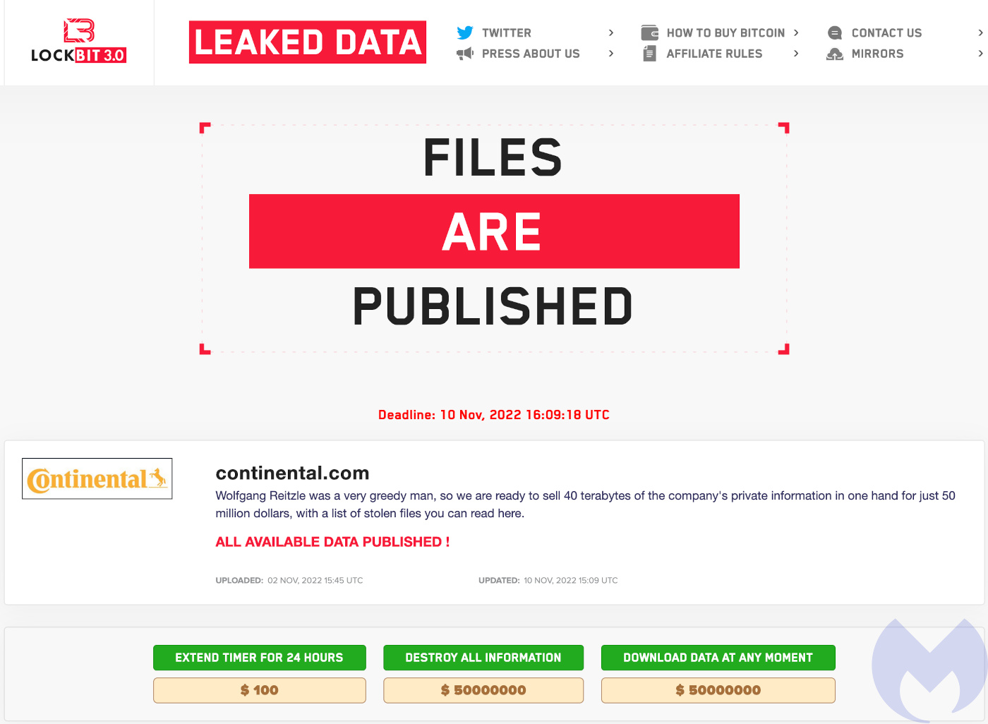 Stolen Continental data available for sale or destruction