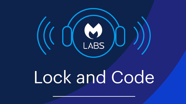 The words Lock and Code are shown below a logo for Malwarebytes Labs, which is placed within a set of headphones.