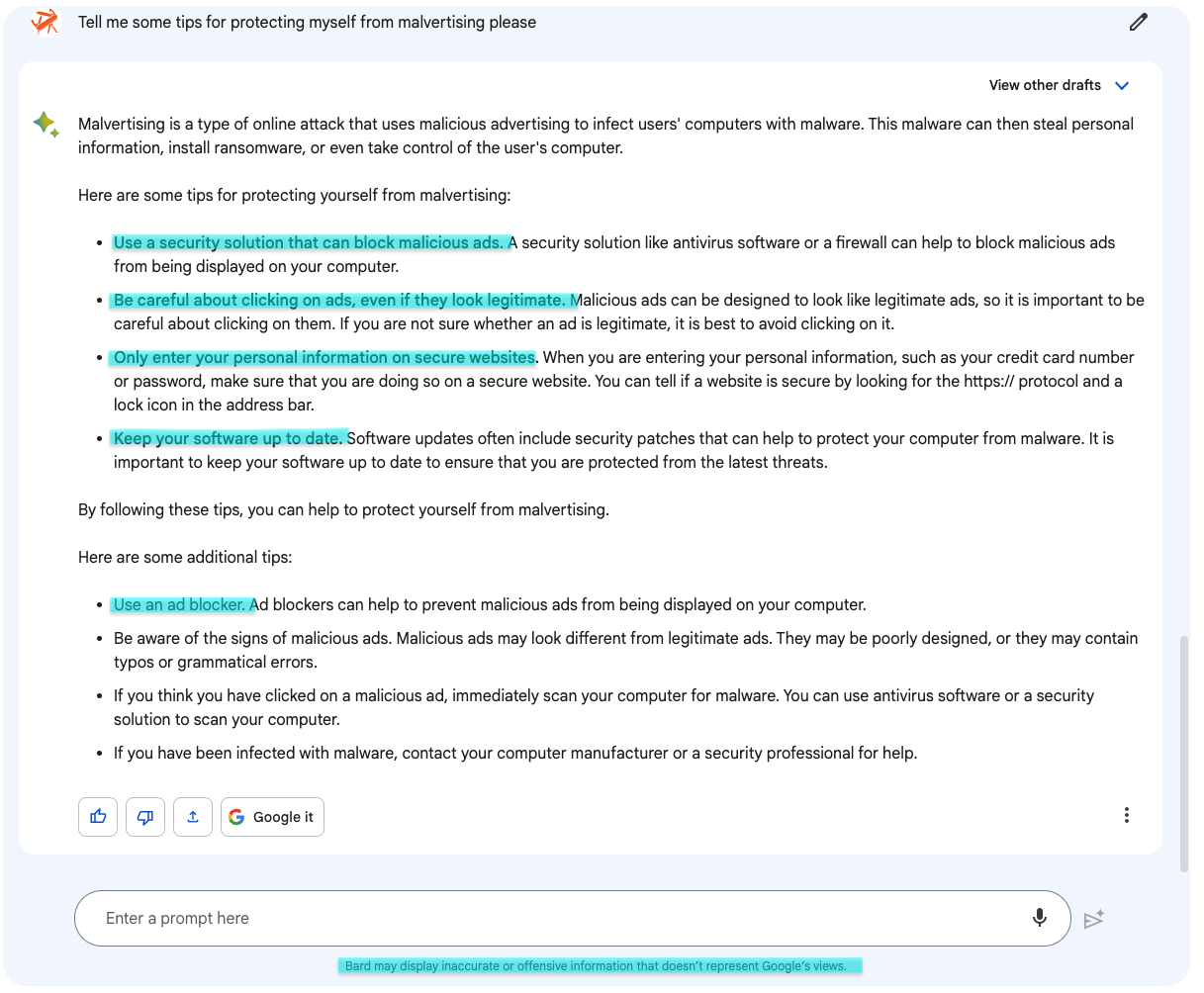 Asking Bard for some tips on malvertising