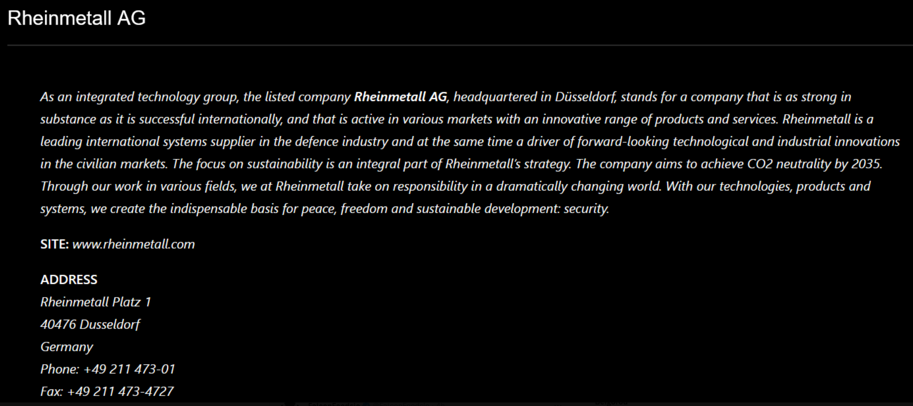 Entry for Rheinmetall on BlackBasta leak site