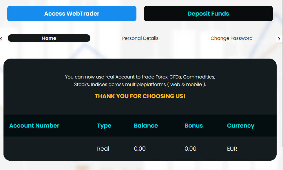A page claiming to show your trading balance from a trading website, which includes a deposit button.