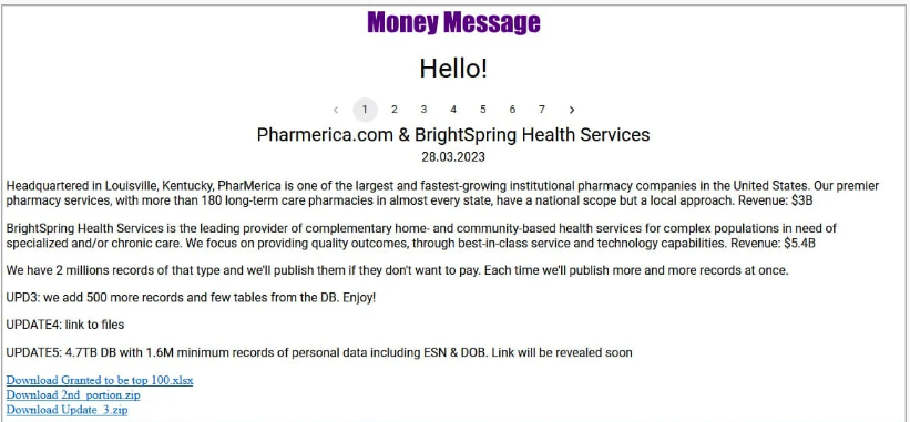 screenshot of Money Message leak site showing PharMerica