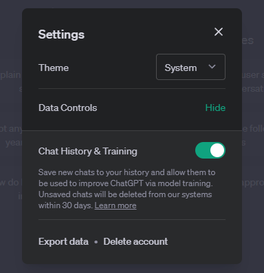 ChatGPT settings menu