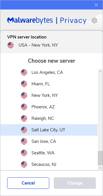 choosing a different location in Malwarebytes Privacy VPN