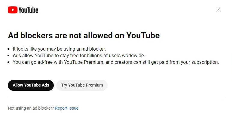 An adblock warning popup on YouTube