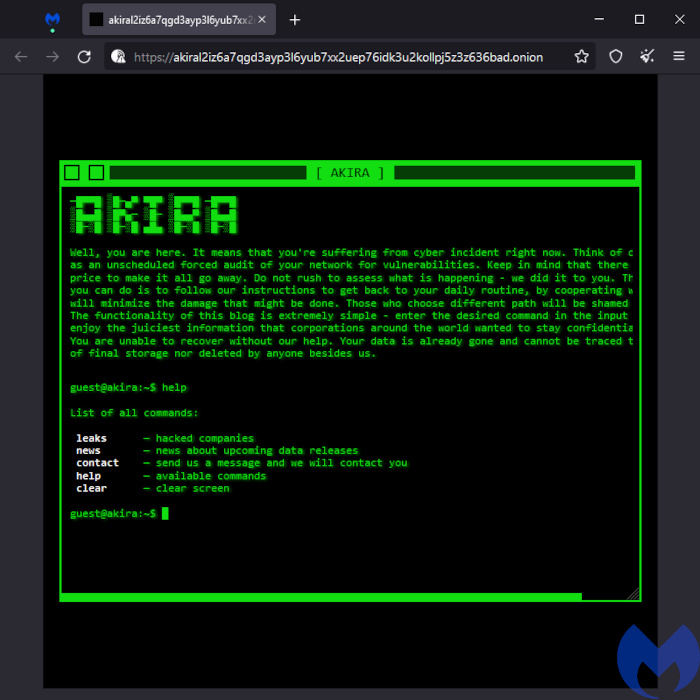Akira ransomware leak site