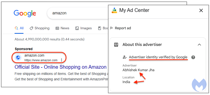 Malicious ad for Amazon