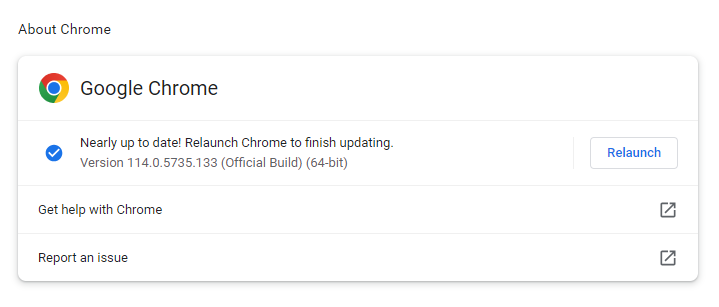 Chrome displays the Relaunch button to complete the update