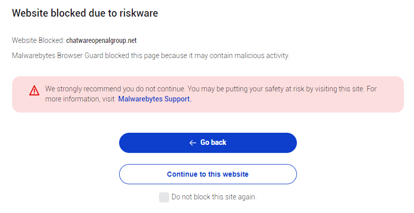 Malwarebytes blocks chatwareopenalgroup.net