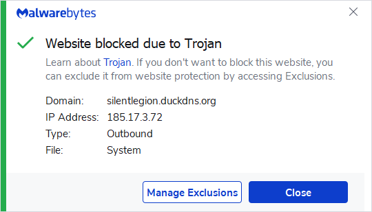 Malwarebytes blocks silentlegion.duckdns.org
