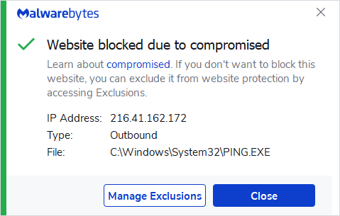 Malwarebytes blocks 216.41.162.172