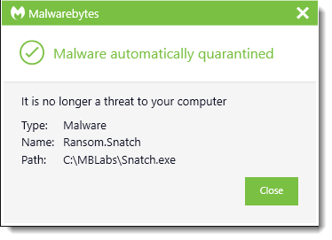 screenshot of Malwarebytes detecting Ransom.Snatch