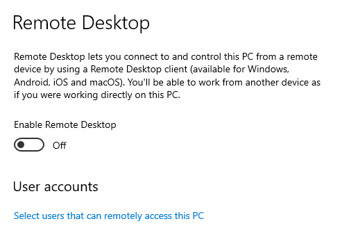 screenshot of remote desktop settings
