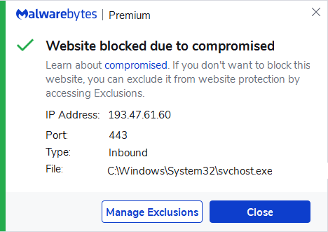 Malwarebytes blocks 193.47.61.60