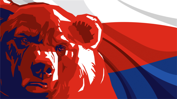 head of a bear in front of a Russian flag