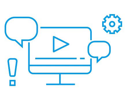 Blue-outline illustration of a computer screen with a play button, surronded by chat bubble shapes