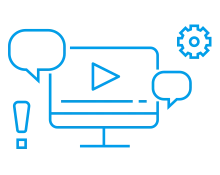 Blue-outline illustration of a computer screen with a play button, surronded by chat bubble shapes