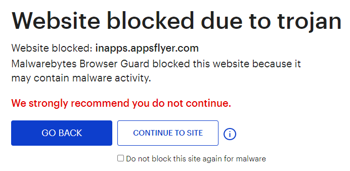 Malwarebytes blocks inapps.appsflyer.com