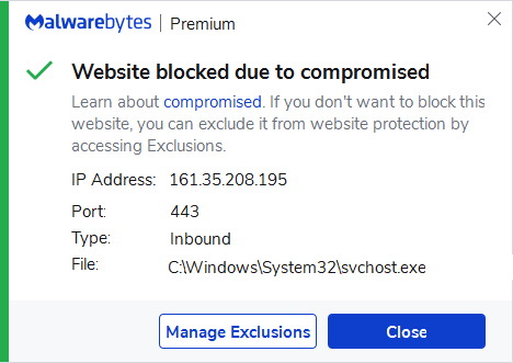 Malwarebytes blocks 161.35.208.195