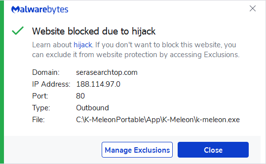 Malwarebytes blocks serasearchtop.com