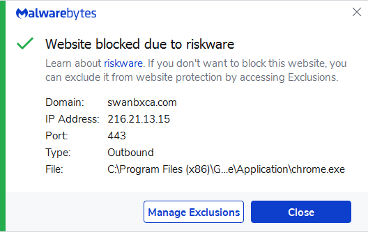 Malwarebytes blocks swanbxca.com