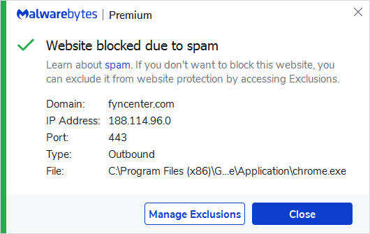 Malwarebytes blocks fyncenter.com