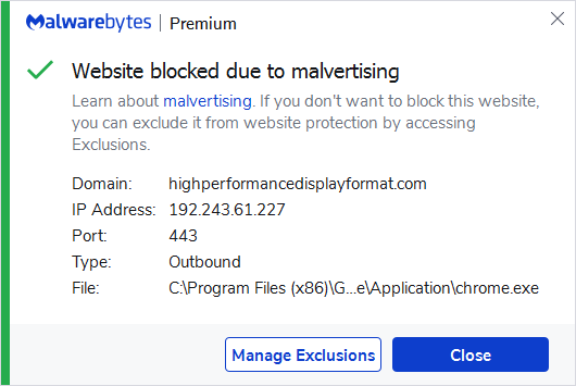 Malwarebytes blocks highperformancedisplayformat.com
