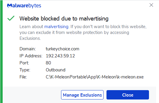 Malwarebytes blocks turkeychoice.com