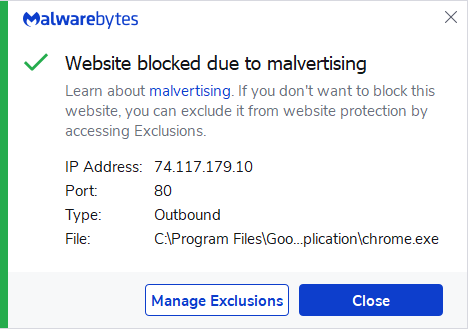 Malwarebytes blocks 74.117.179.10