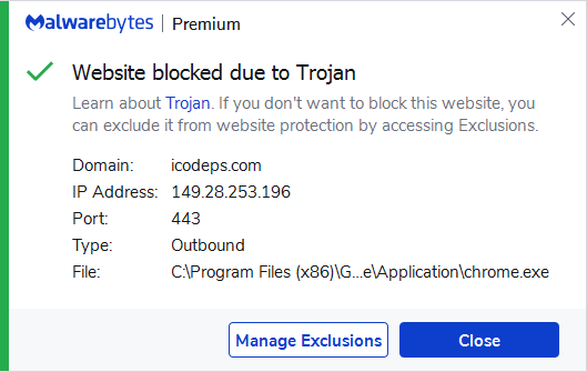 Malwarebytes blocks icodeps.com