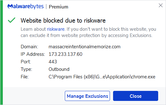 Malwarebytes blocks massacreintentionalmemorize.com
