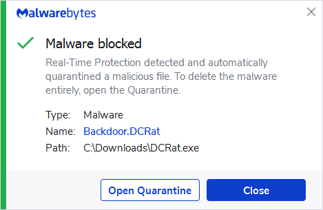 Malwarebytes blocks Backdoor.DCRat