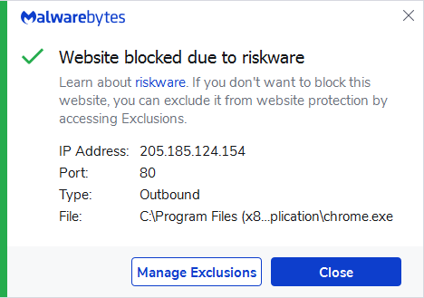 Malwarebytes blocks 205.185.124.154