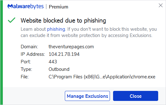 Malwarebytes blocks theventurepages.com
