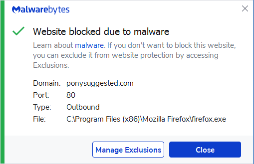 Malwarebytes blocks ponysuggested.com
