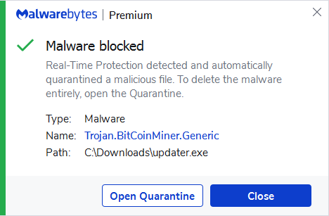 Malwarebytes blocks Trojan.BitCoinMiner.Generic