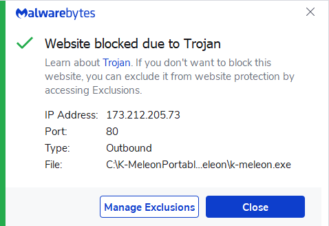 Malwarebytes blocks 173.212.205.73