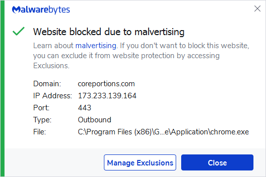 Malwarebytes blocks coreportions.com