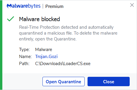 Malwarebytes blocks Trojan.Gozi