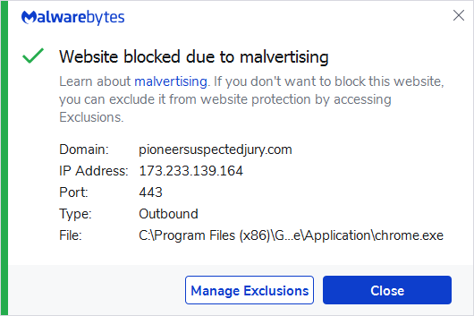 Malwarebytes blocks pioneersuspectedjury.com