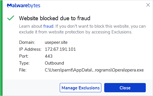 Malwarebytes blocks usepeer.site