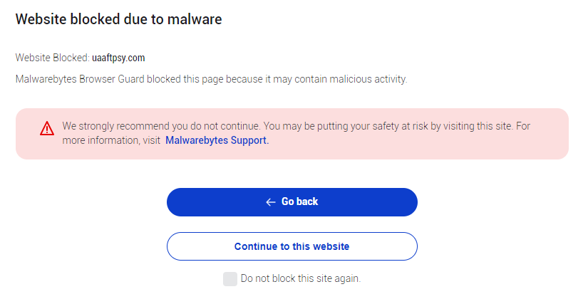 Malwarebytes blocks uaaftpsy.com