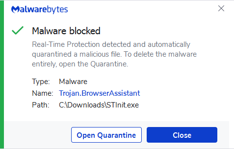 Malwarebytes blocks Trojan.BrowserAssistant