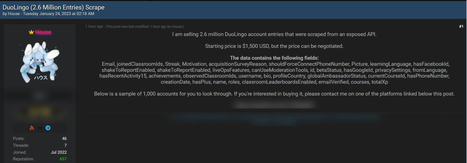 screenshot of post on hackers forum