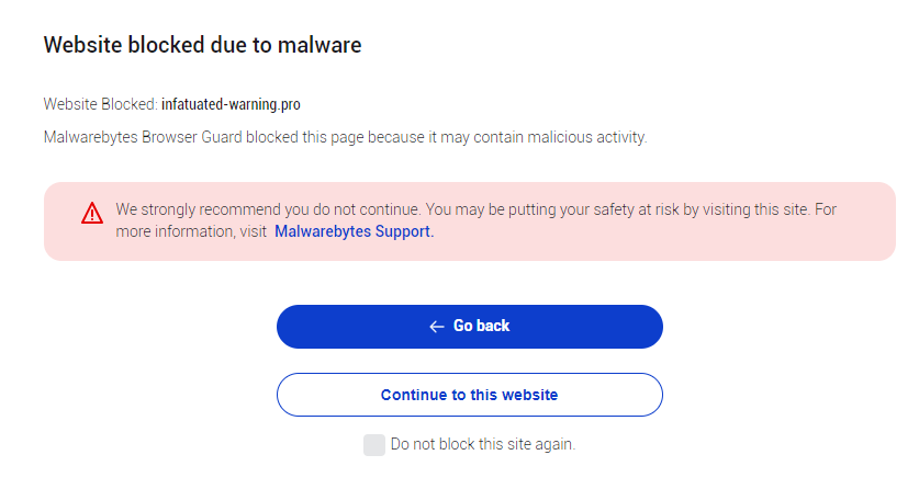 Malwarebytes blocks infatuated-warning.pro