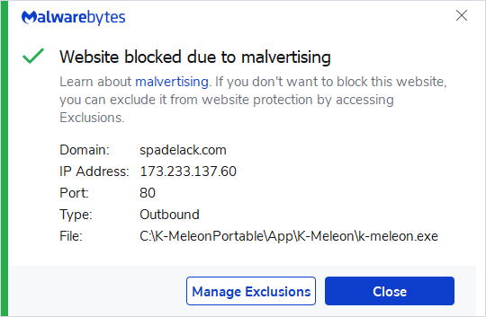 Malwarebytes blocks spadelack.com